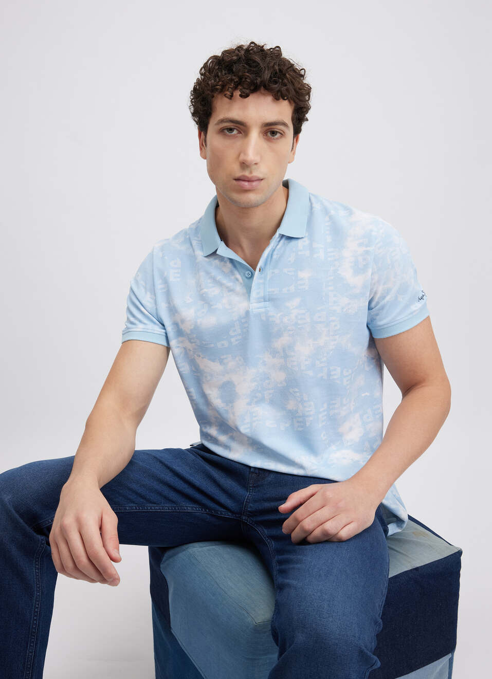 Men Blue Typographic Print Short Sleeve Polo, , large image number 0