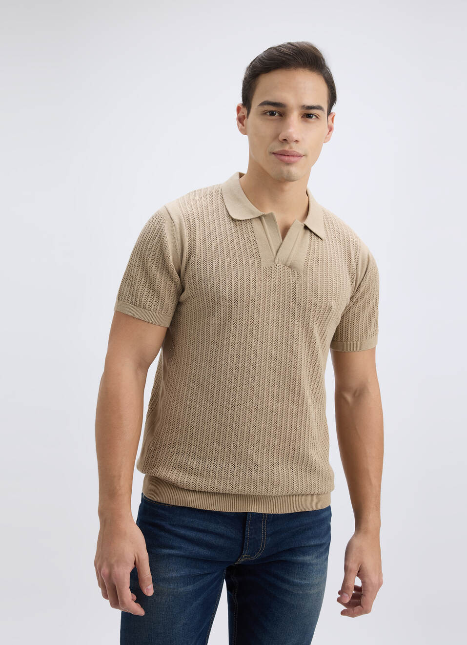 Men Beige Johnny Neck Short Sleeve Flat Knit Polo, , large image number 1