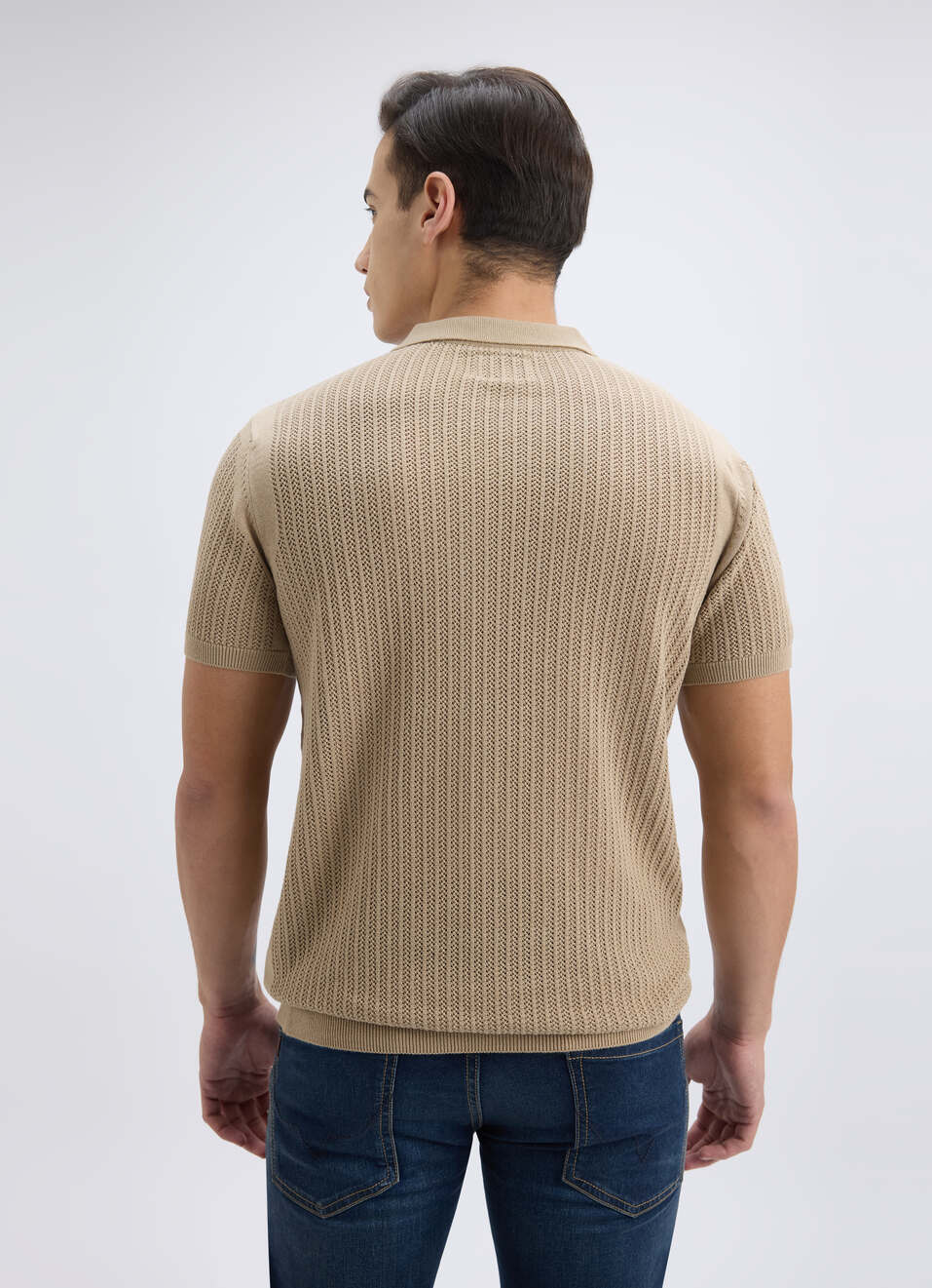 Men Beige Johnny Neck Short Sleeve Flat Knit Polo, , large image number 2