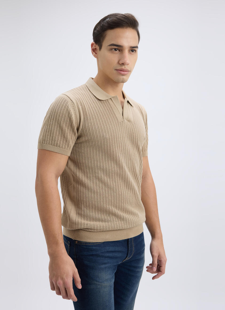 Men Beige Johnny Neck Short Sleeve Flat Knit Polo, , large image number 3