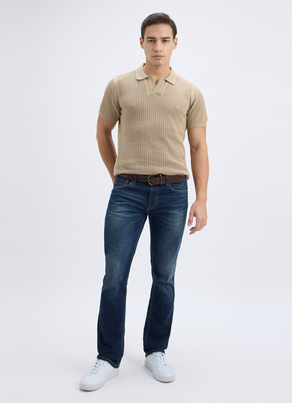 Men Beige Johnny Neck Short Sleeve Flat Knit Polo, , large image number 5