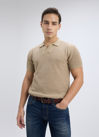 Men Beige Johnny Neck Short Sleeve Flat Knit Polo