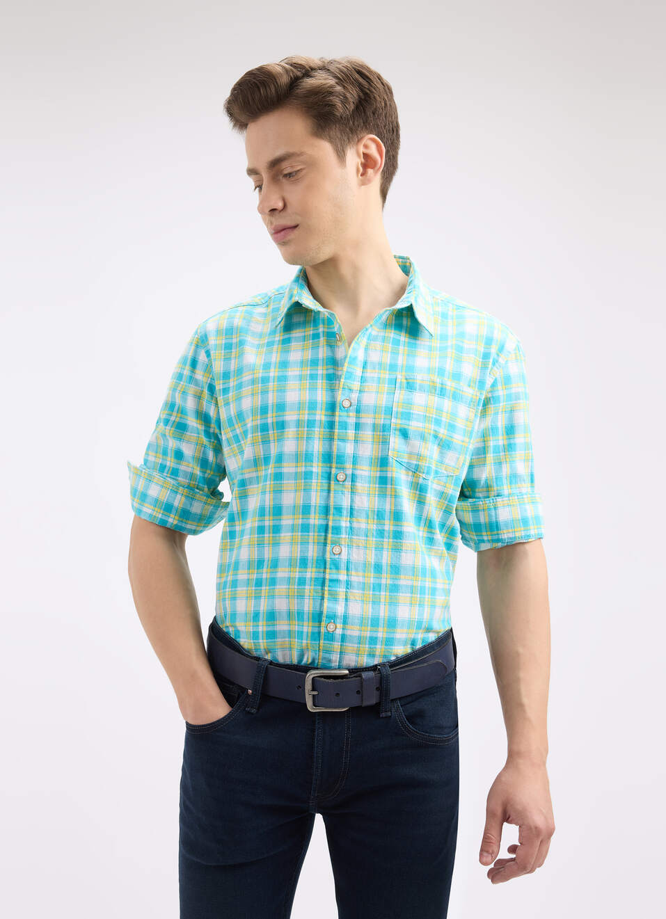 Men Blue Check Full Sleeve Shirt, , large image number 0