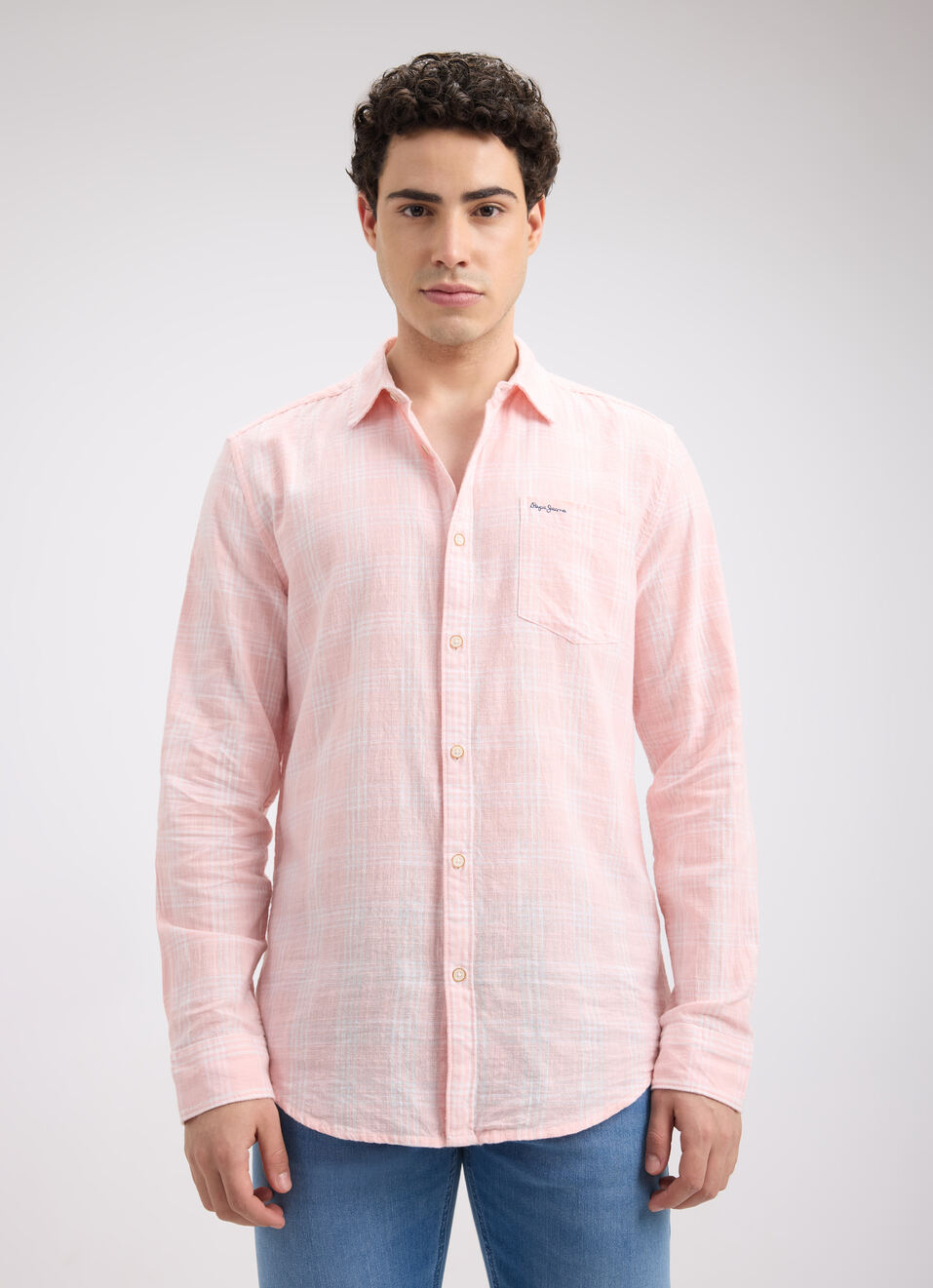 Men Peach Check Full Sleeve Shirt, , large image number 1