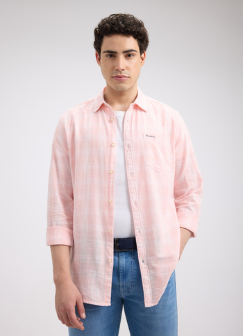 Men Peach Check Full Sleeve Shirt