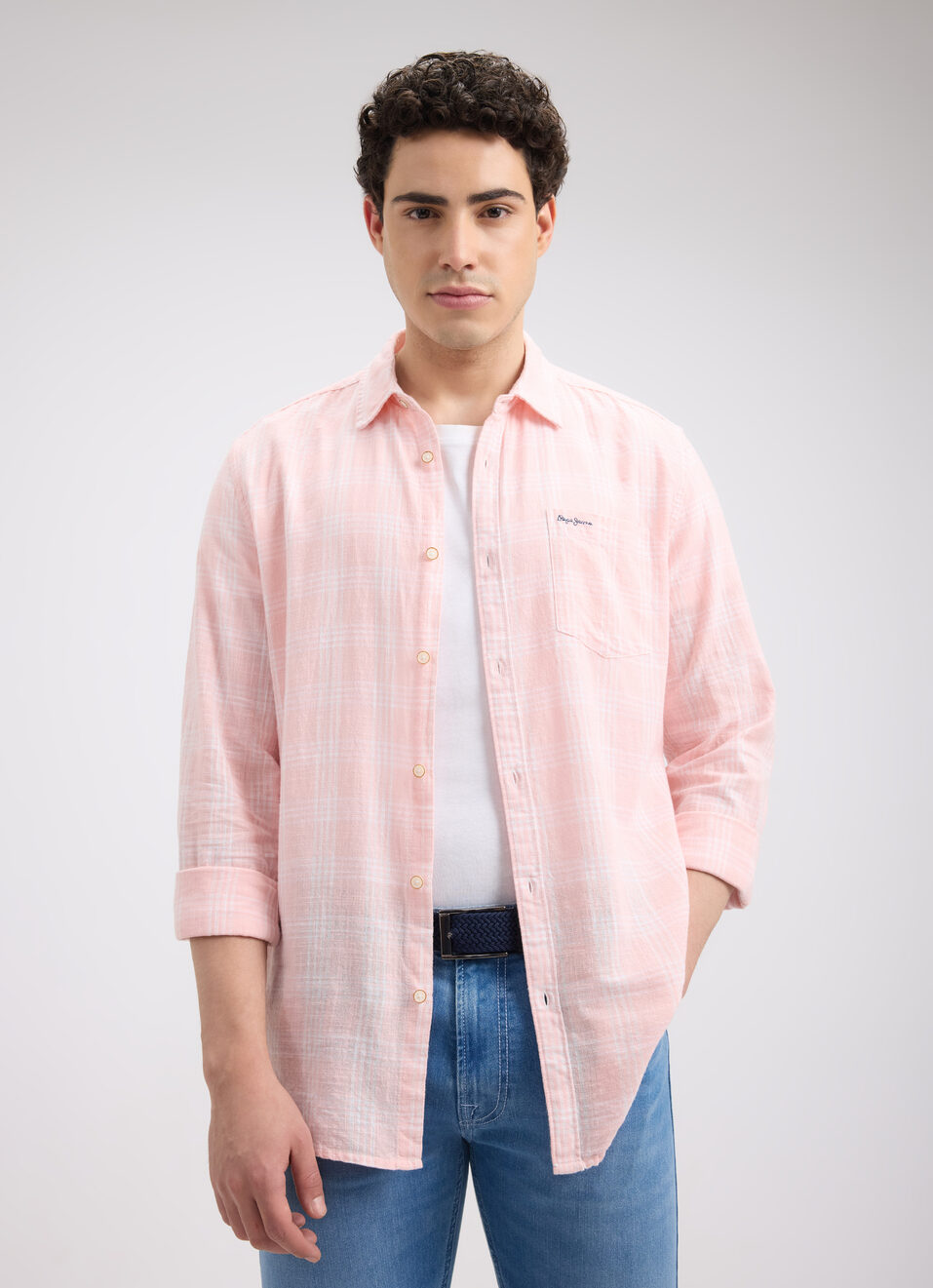 Men Peach Check Full Sleeve Shirt, , large image number 0