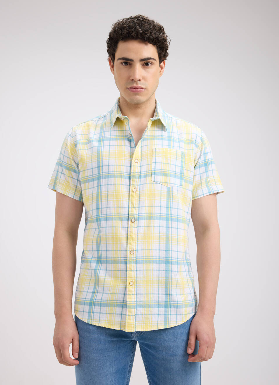 Men Yellow Check Short Sleeve Shirt, , large image number 1
