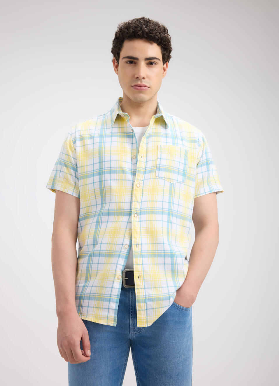 Men Yellow Check Short Sleeve Shirt, , large image number 0