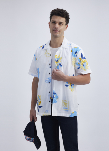 Men White Floral Print Short Sleeve Shirt
