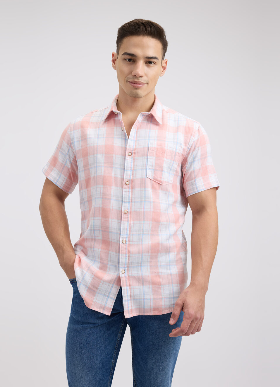 Men Peach Check Short Sleeve Shirt, , large image number 1