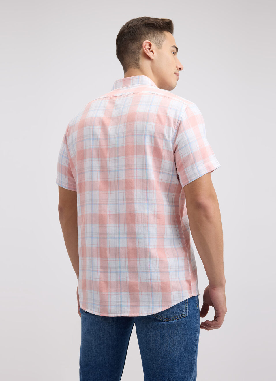 Men Peach Check Short Sleeve Shirt, , large image number 2