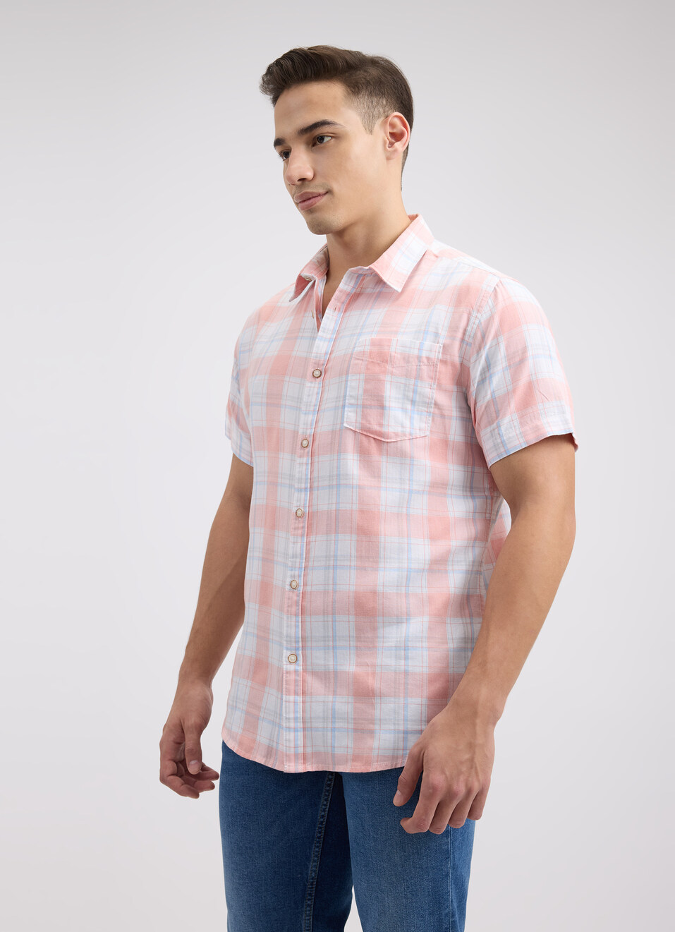 Men Peach Check Short Sleeve Shirt, , large image number 3