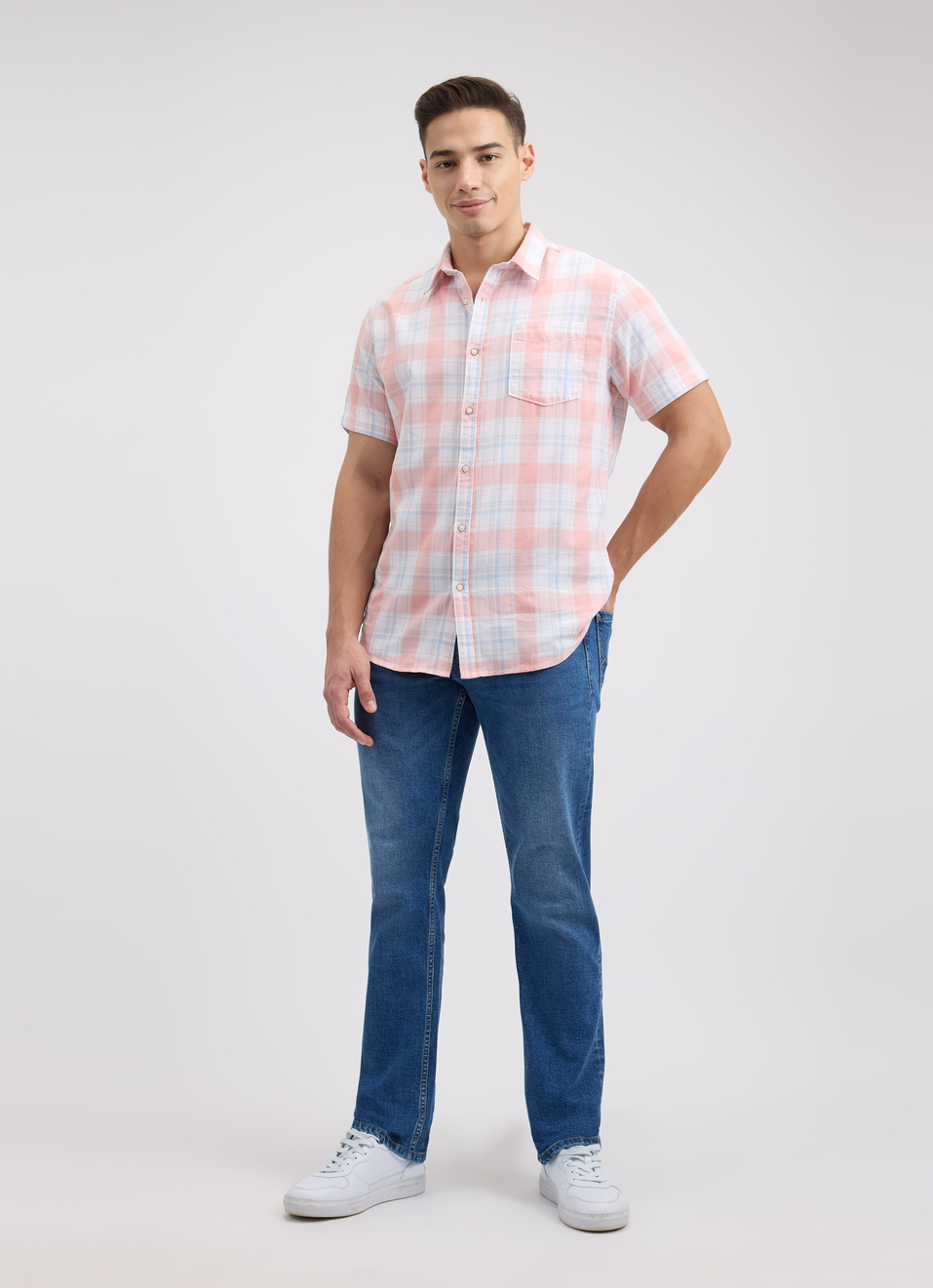 Men Peach Check Short Sleeve Shirt, , large image number 5
