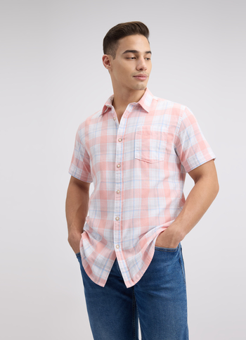 Men Peach Check Short Sleeve Shirt
