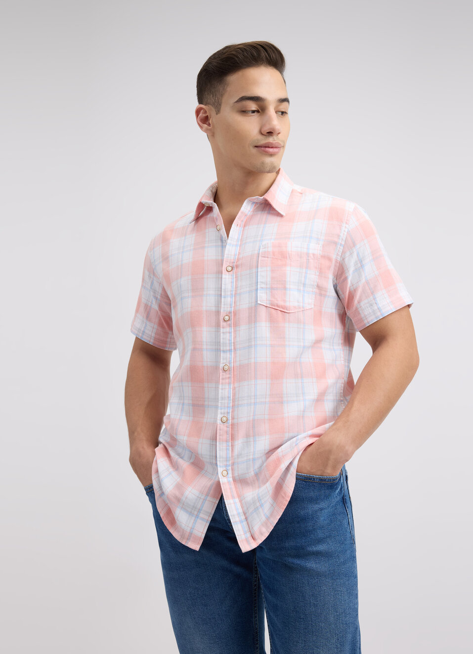 Men Peach Check Short Sleeve Shirt, , large image number 0