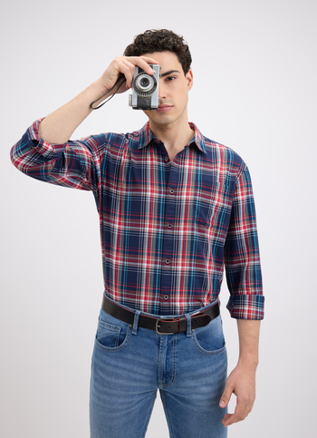 Men Navy Herringbone Check Full Sleeve Shirt