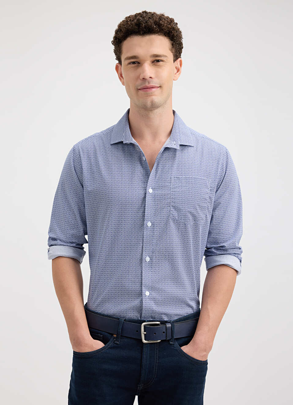 Men Blue Minimal Print Full Sleeve Shirt, , large image number 0