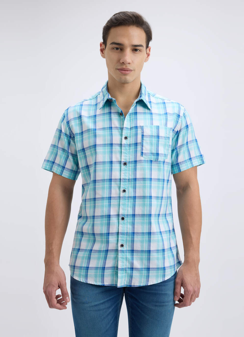 Men Blue Check Short Sleeve Shirt, , large image number 1