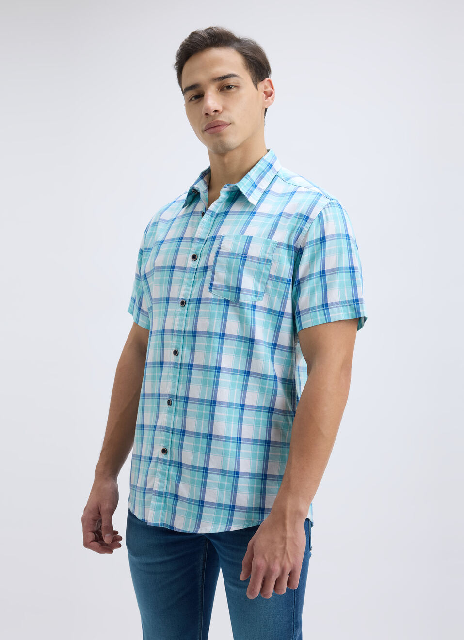 Men Blue Check Short Sleeve Shirt, , large image number 3