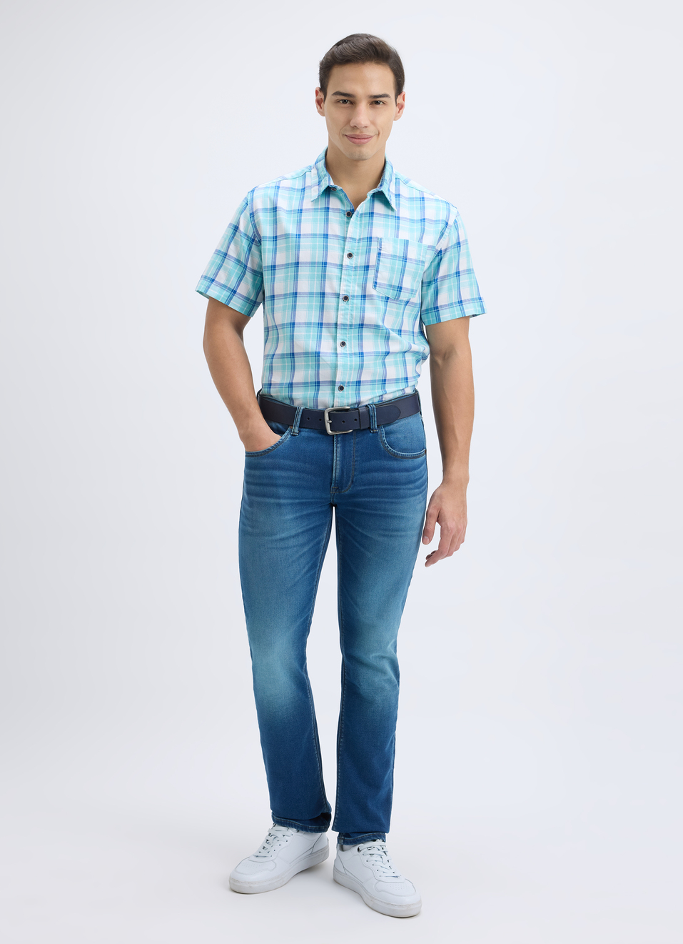 Men Blue Check Short Sleeve Shirt, , large image number 5