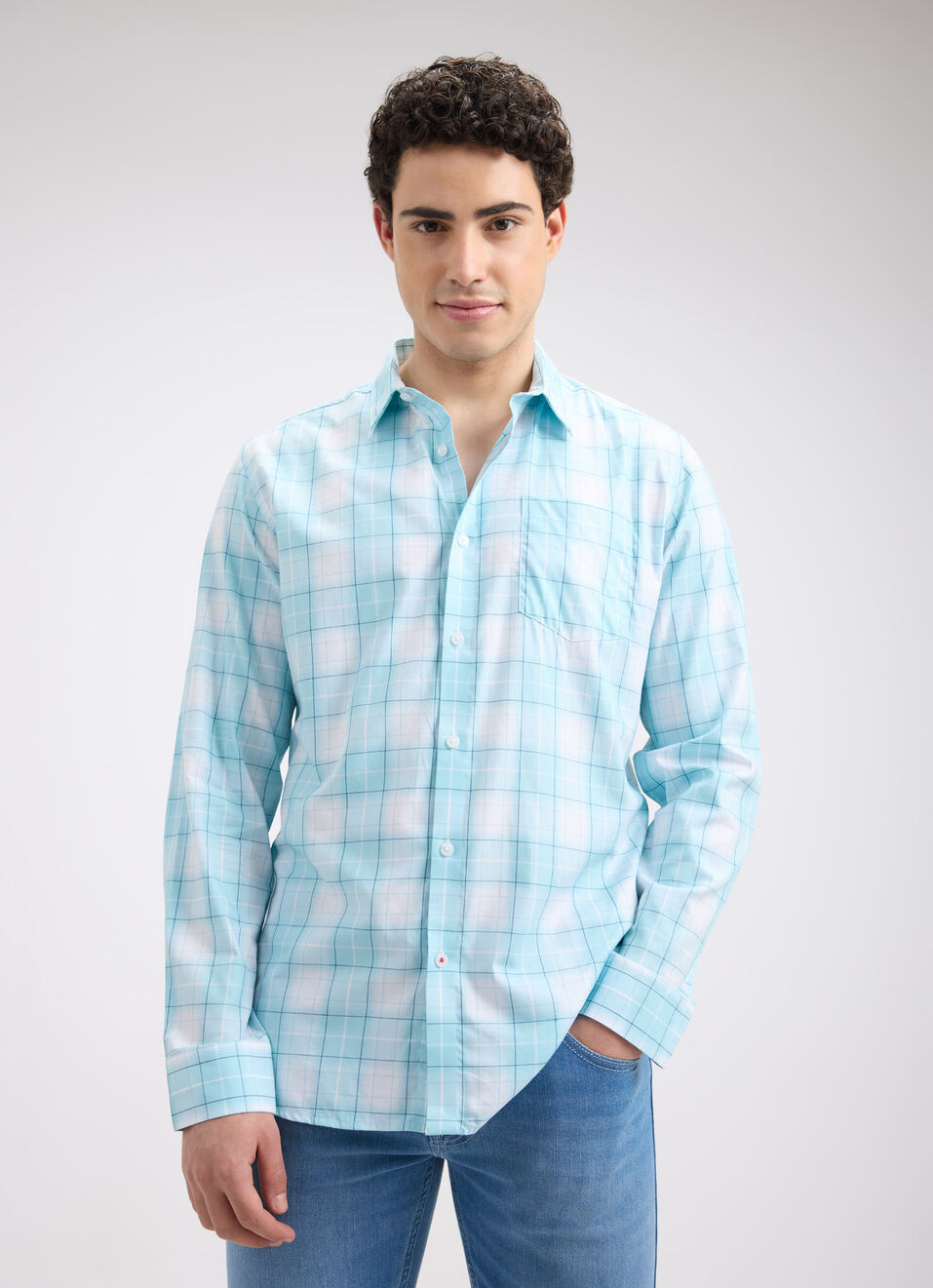 Men Blue Check Full Sleeve Shirt, , large image number 1