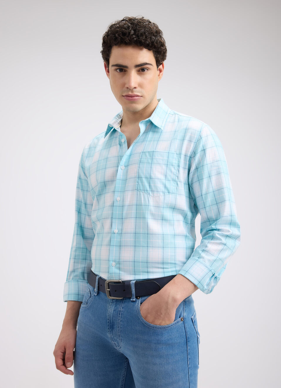 Men Blue Check Full Sleeve Shirt, , large image number 0