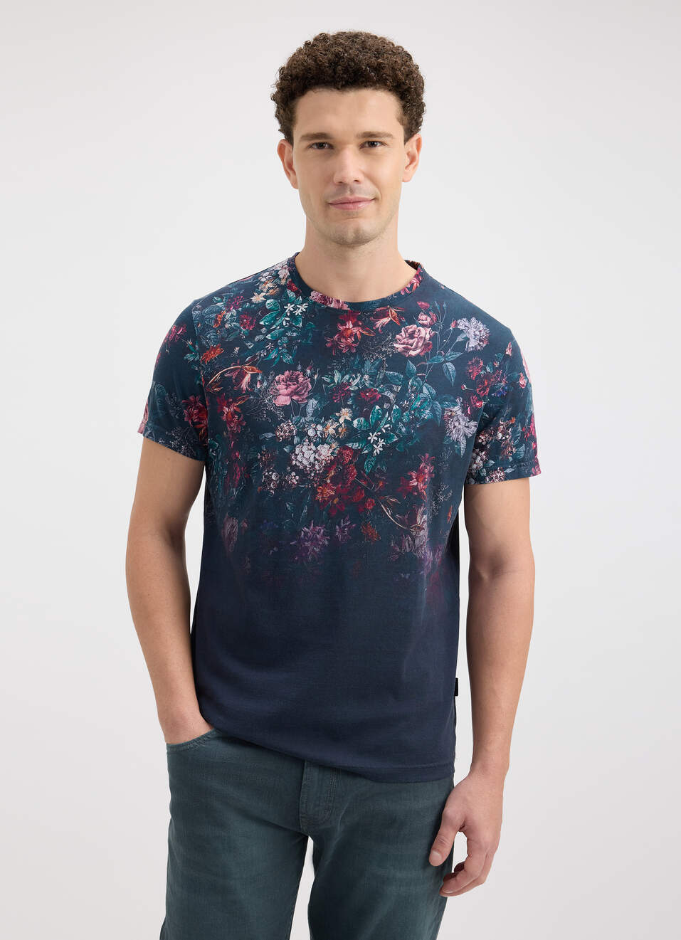 Men Black Floral Gradient Print Short Sleeve T-shirt, , large image number 1