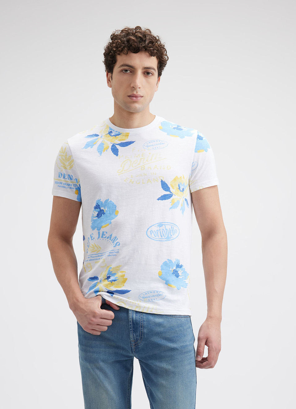 Men White Tropical Print Short Sleeve T-shirt, , large image number 1
