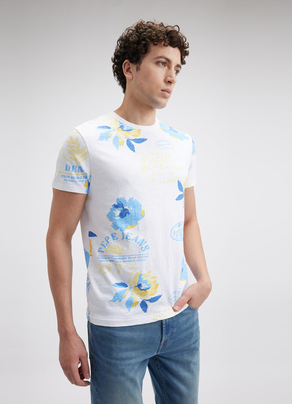 Men White Tropical Print Short Sleeve T-shirt, , large image number 3