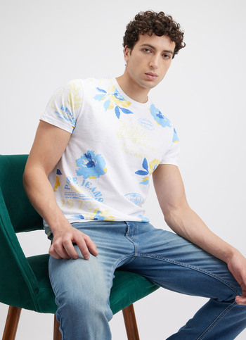 Men White Tropical Print Short Sleeve T-shirt