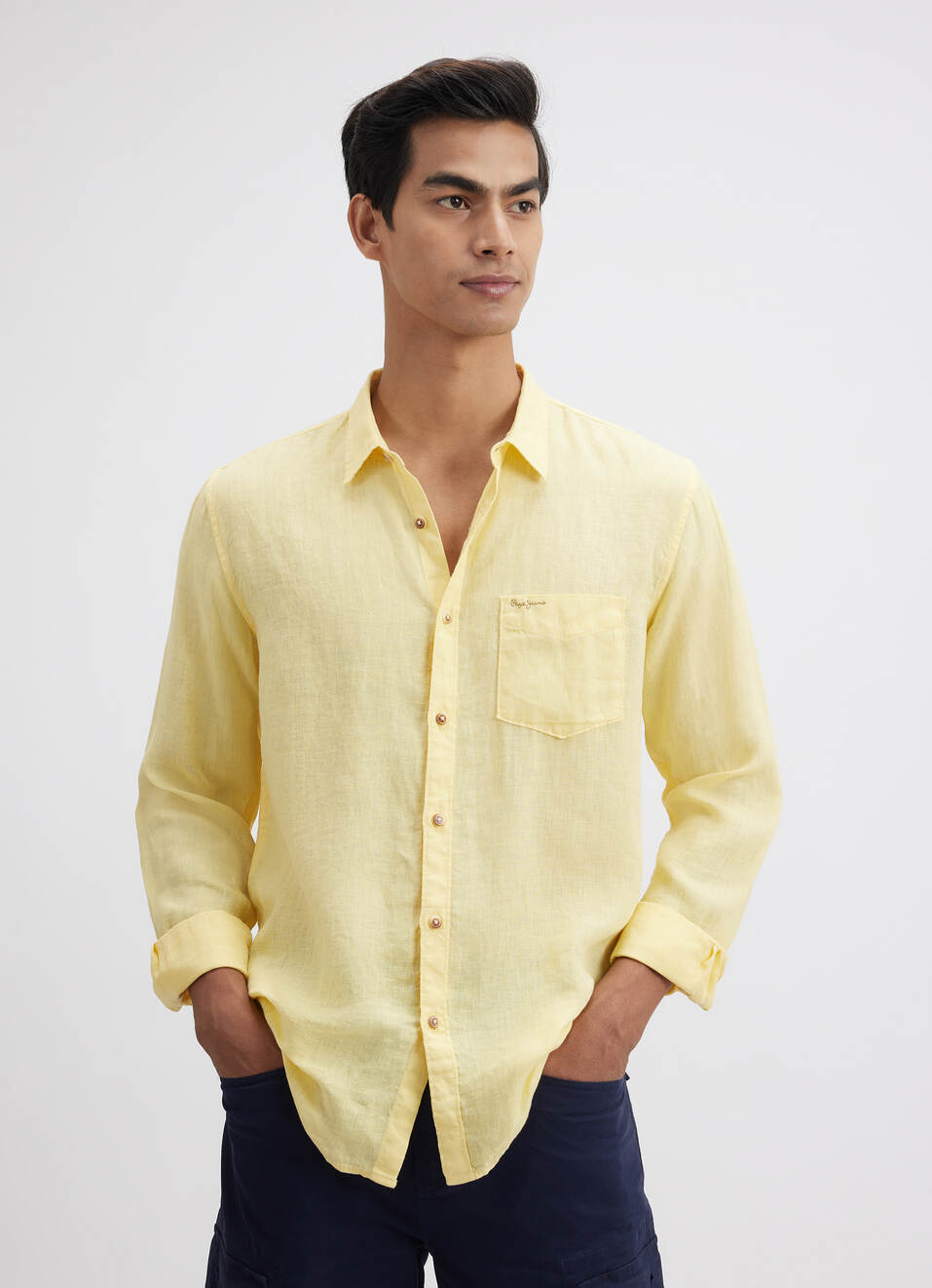 Men Yellow Pure Linen Full Sleeve Shirt, , large image number 1