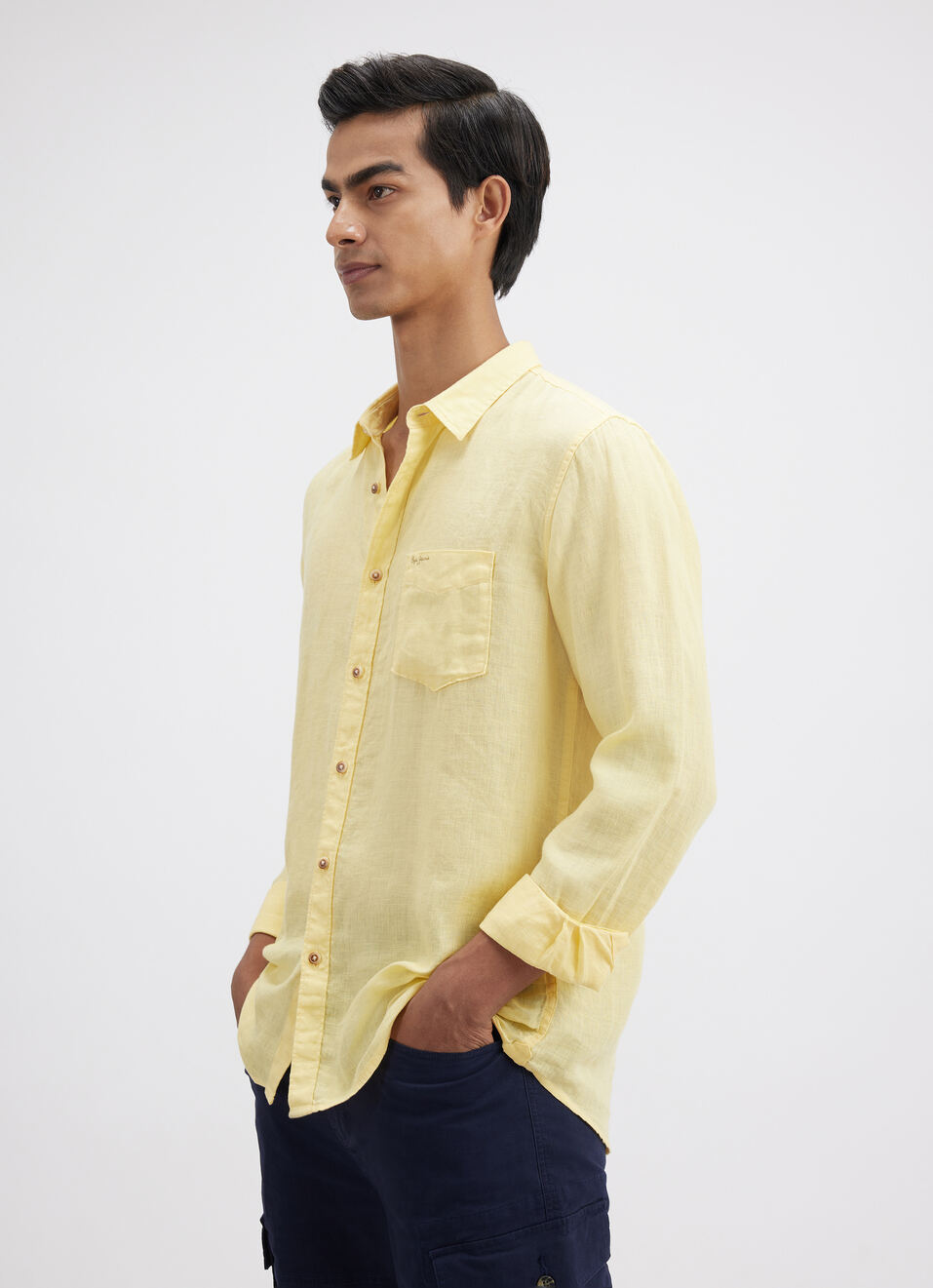Men Yellow Pure Linen Full Sleeve Shirt, , large image number 3