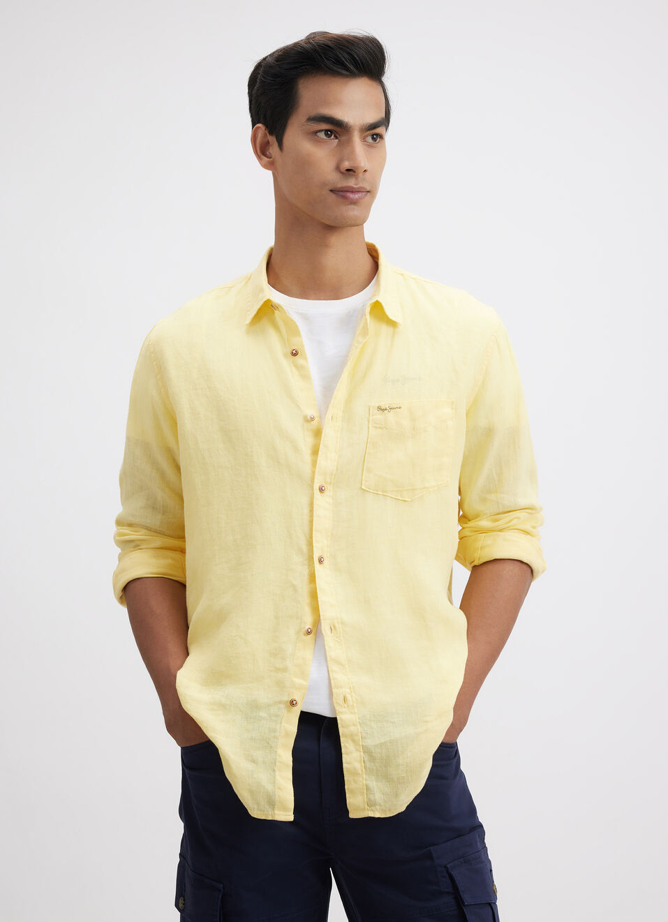 Men Yellow Pure Linen Full Sleeve Shirt, , large image number 0