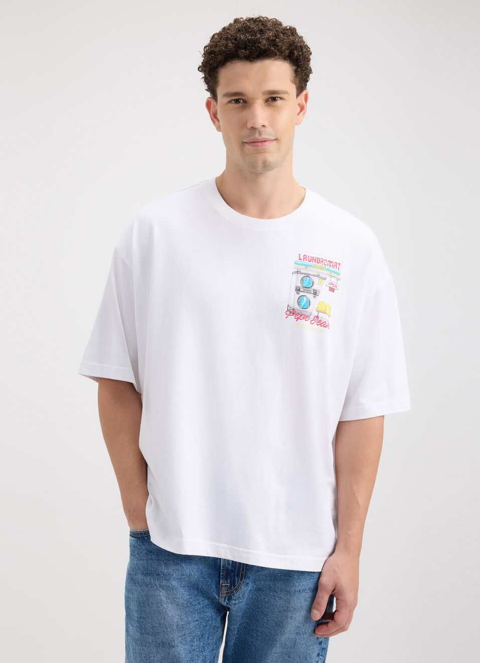 Men White Back Print Short Sleeve Oversized T-shirt, , large image number 1