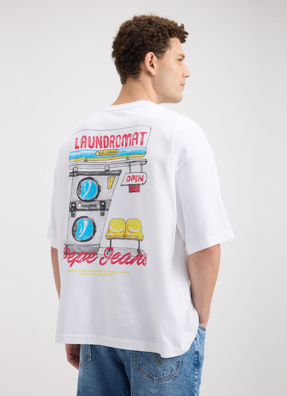 Men White Back Print Short Sleeve Oversized T-shirt, , large image number 2