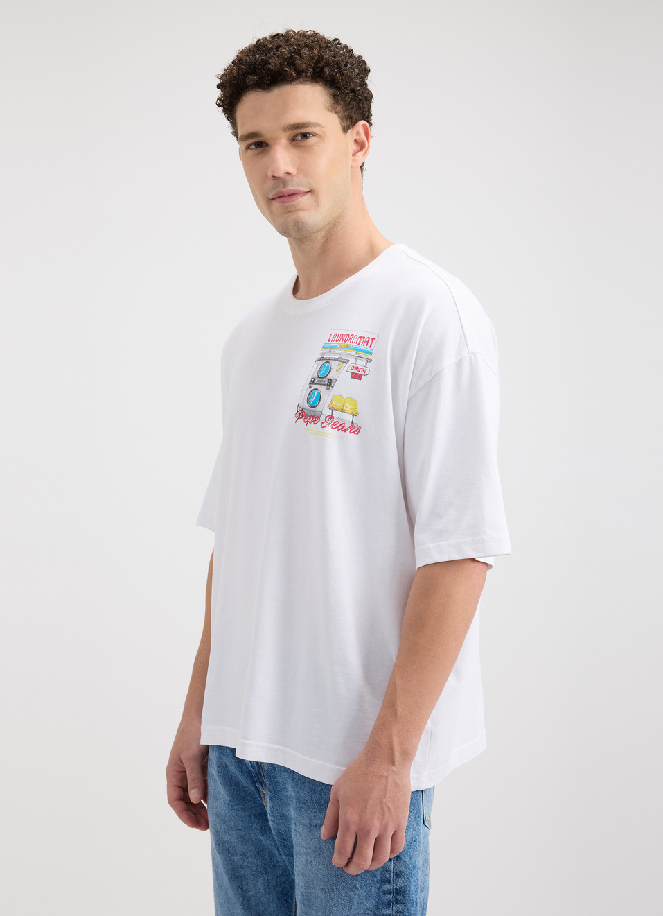 Men White Back Print Short Sleeve Oversized T-shirt, , large image number 3