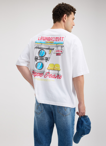 Men White Back Print Short Sleeve Oversized T-shirt