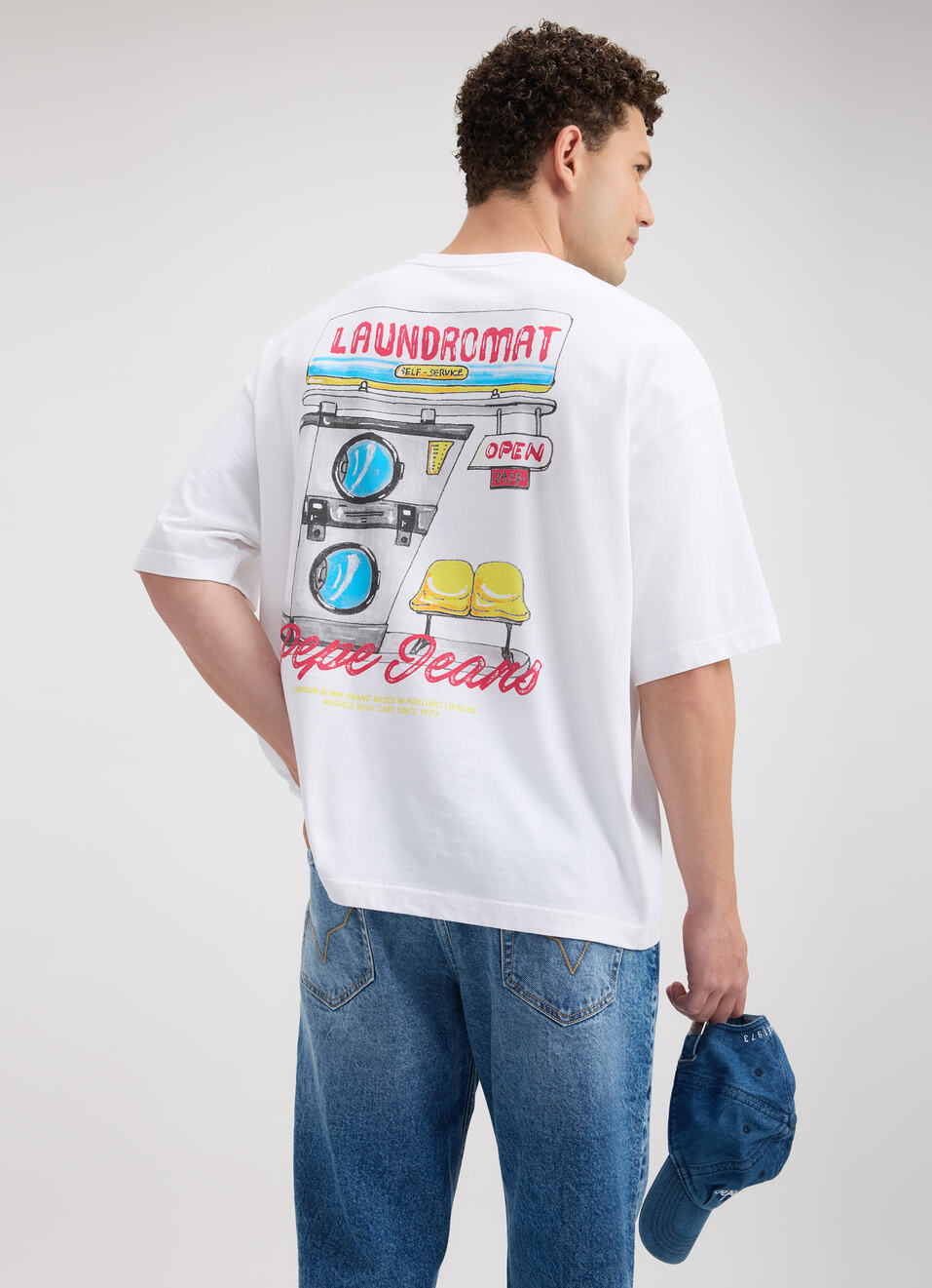 Men White Back Print Short Sleeve Oversized T-shirt, , large image number 0