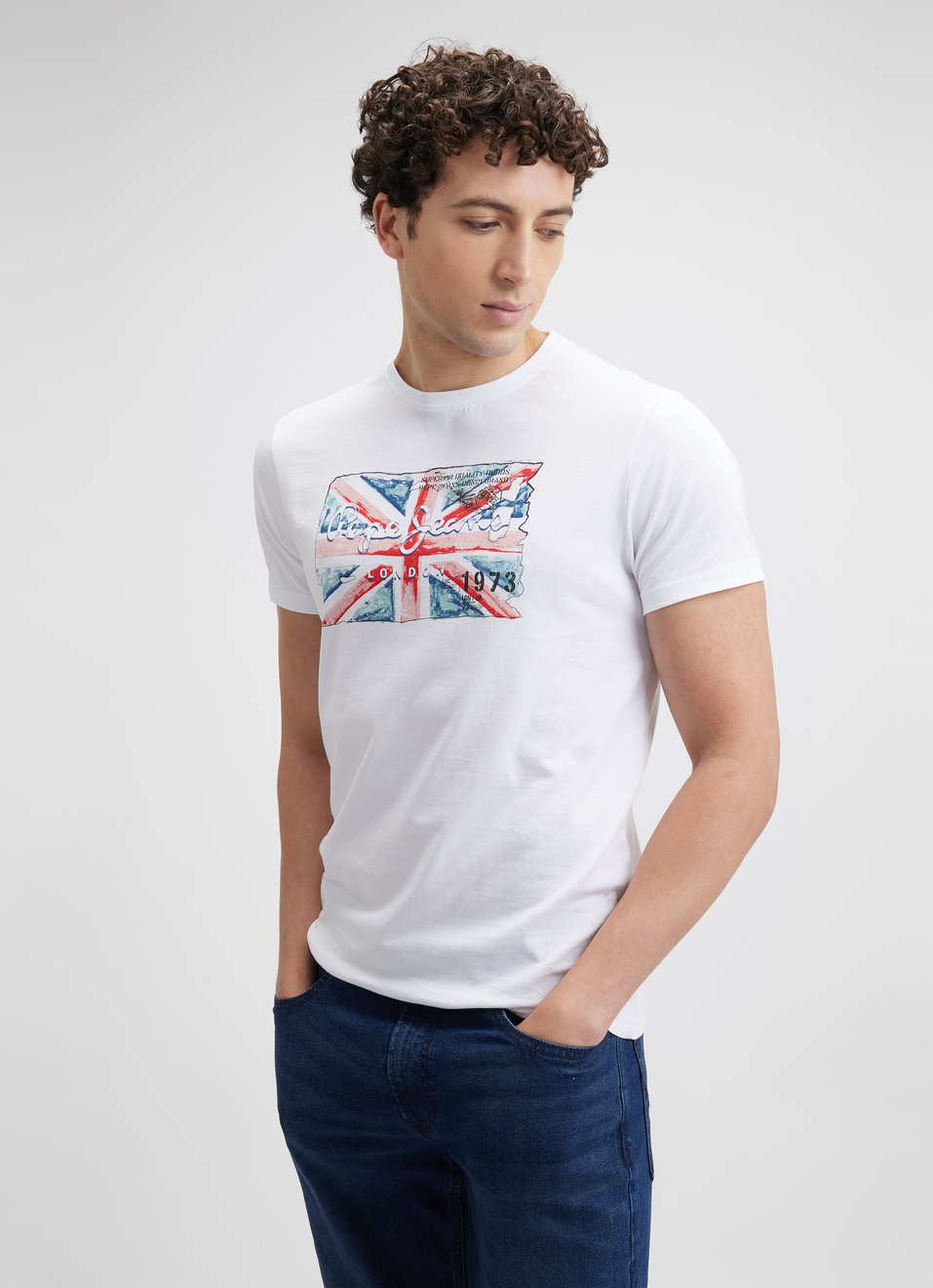 Men White Union Jack Print Short Sleeve T-shirt, , large image number 2