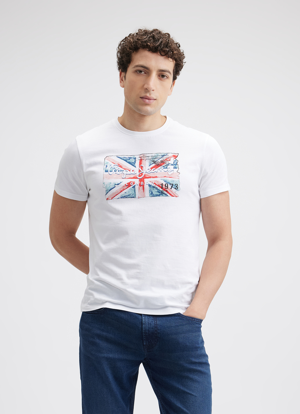 Men White Union Jack Print Short Sleeve T-shirt, , large image number 0