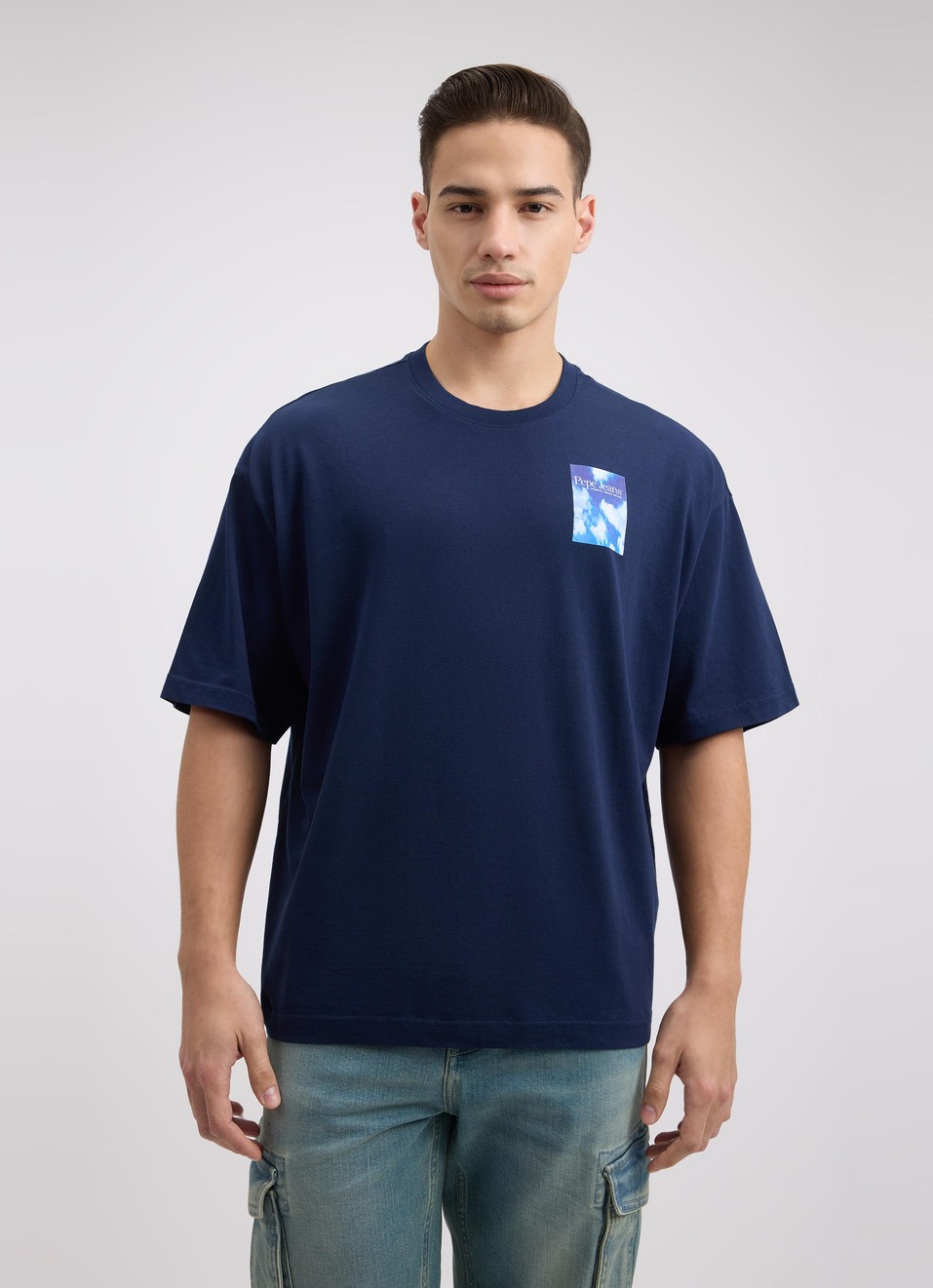 Men Navy Back Print Short Sleeve Oversized T-shirt, , large image number 1