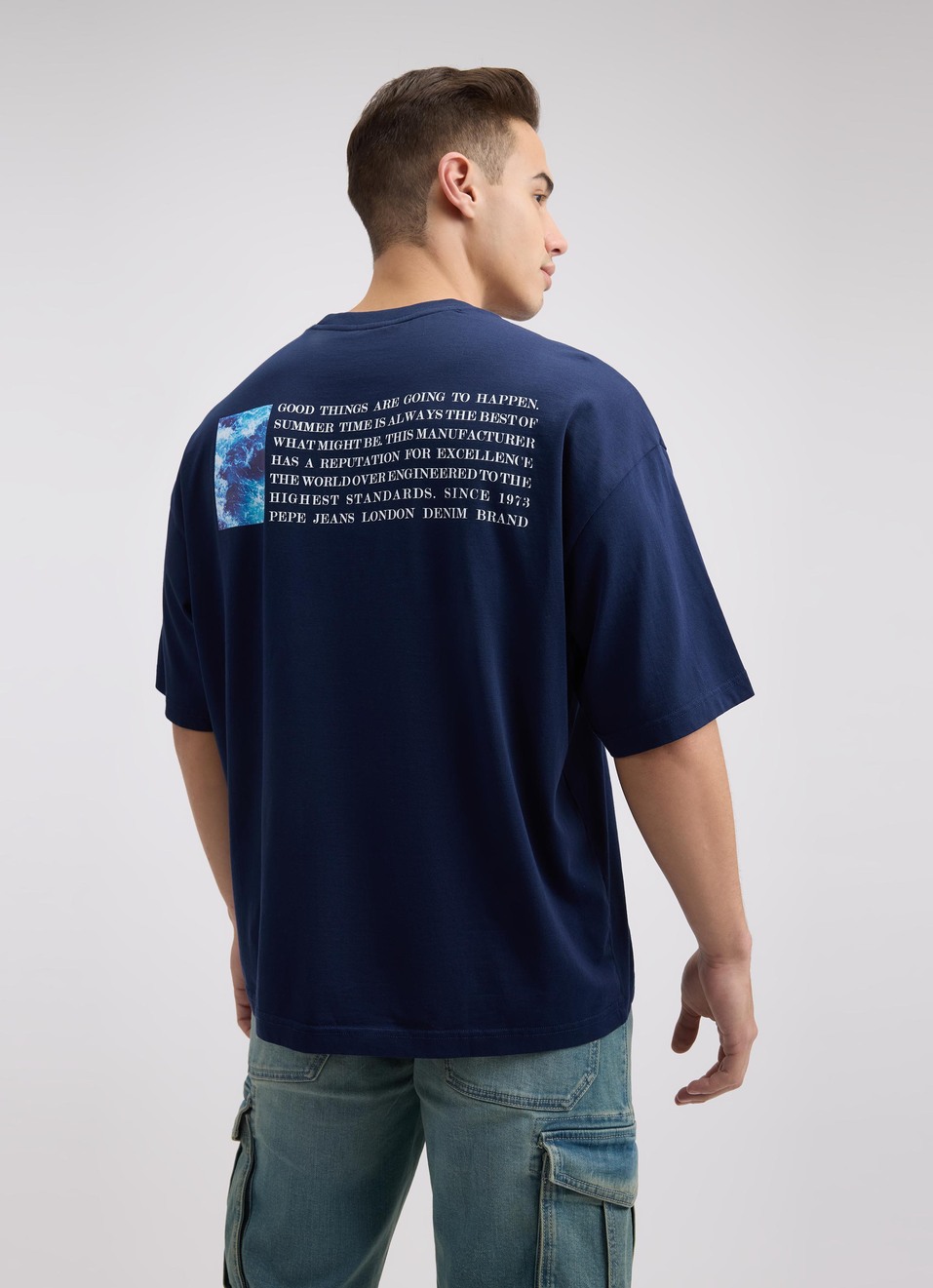 Men Navy Back Print Short Sleeve Oversized T-shirt, , large image number 2