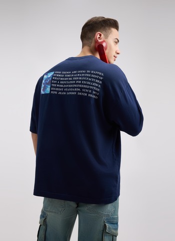 Men Navy Back Print Short Sleeve Oversized T-shirt