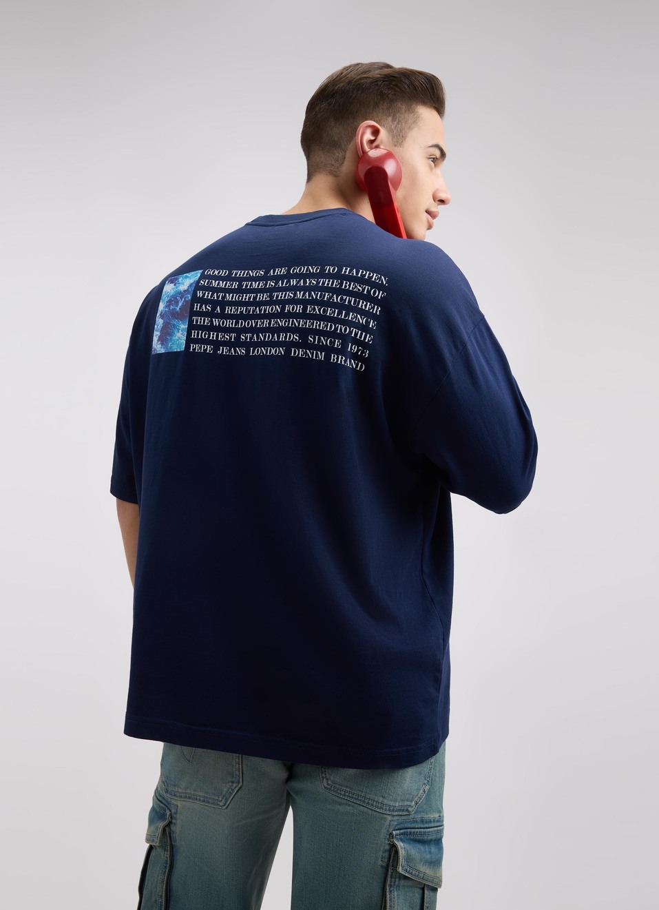 Men Navy Back Print Short Sleeve Oversized T-shirt, , large image number 0