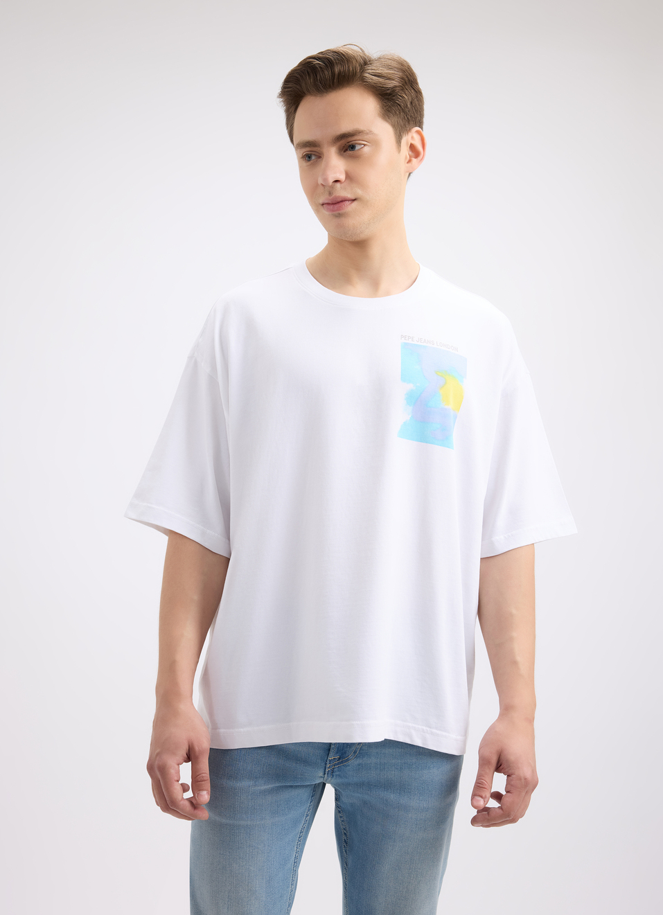 Men White Back Print Short Sleeve Oversized T-shirt, , large image number 1
