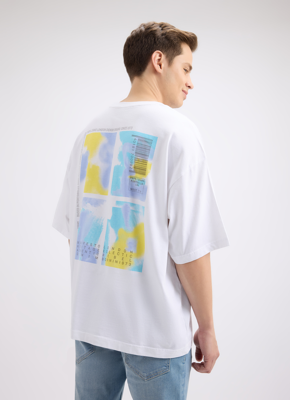 Men White Back Print Short Sleeve Oversized T-shirt, , large image number 2