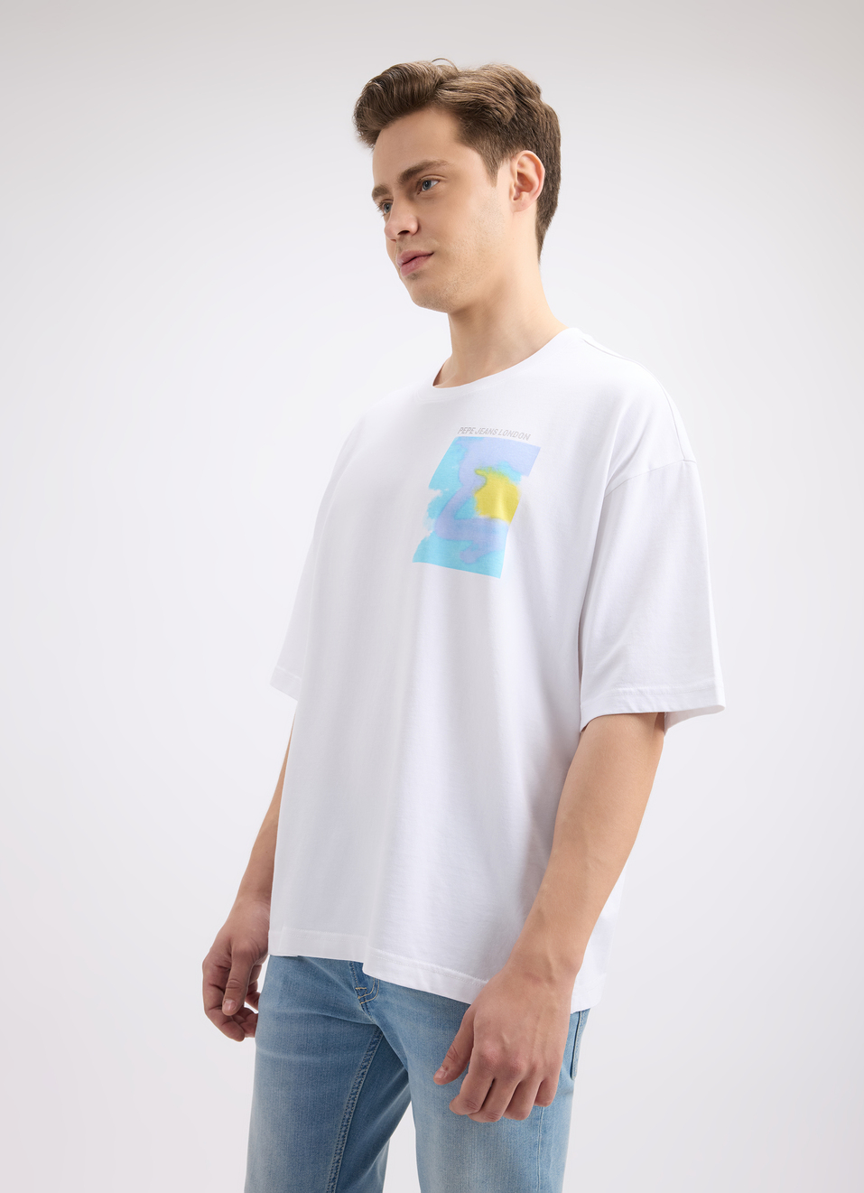 Men White Back Print Short Sleeve Oversized T-shirt, , large image number 3
