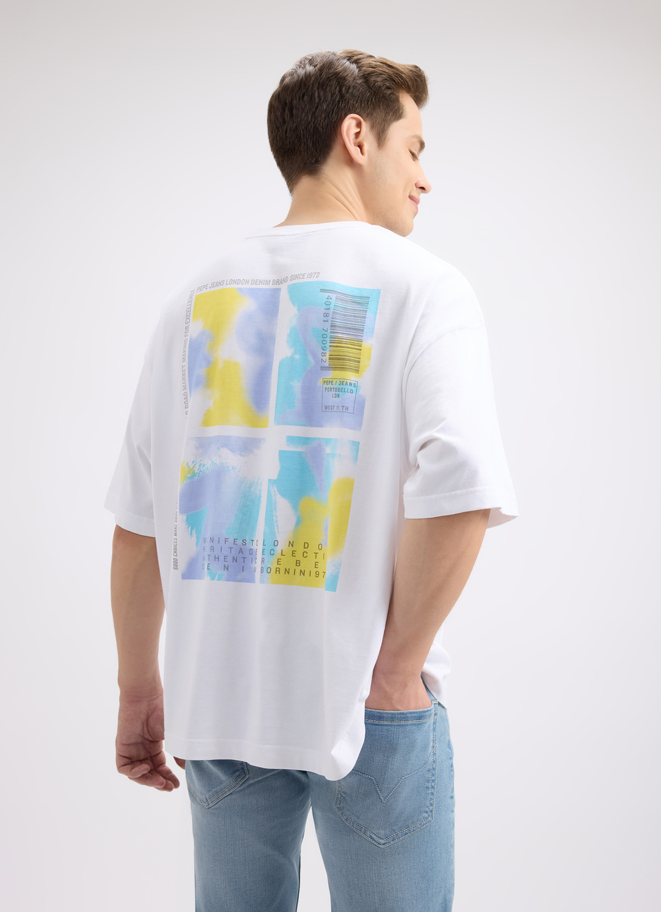 Men White Back Print Short Sleeve Oversized T-shirt, , large image number 0