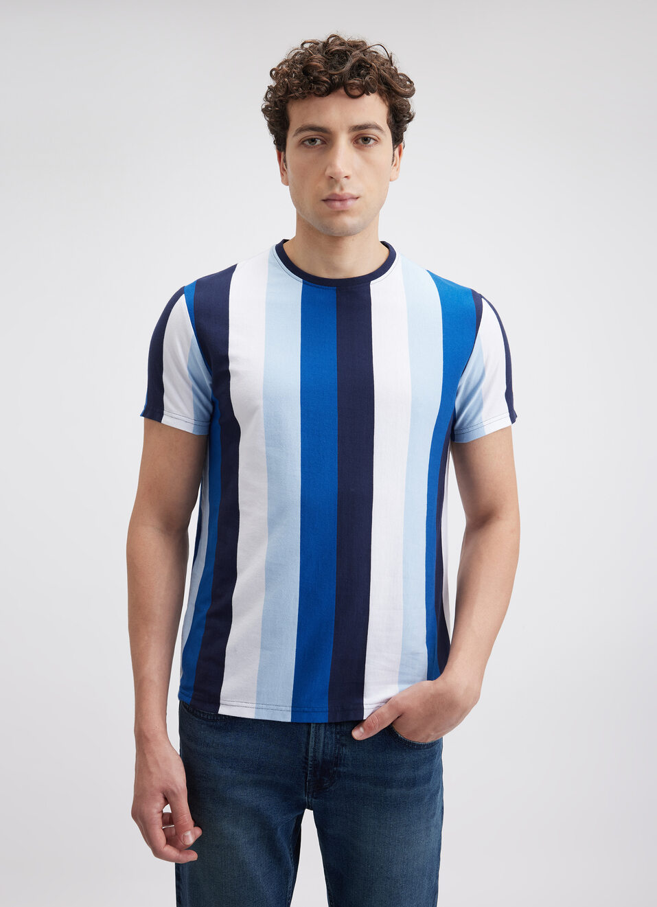 Men Navy Stripe Short Sleeve T-shirt, , large image number 1