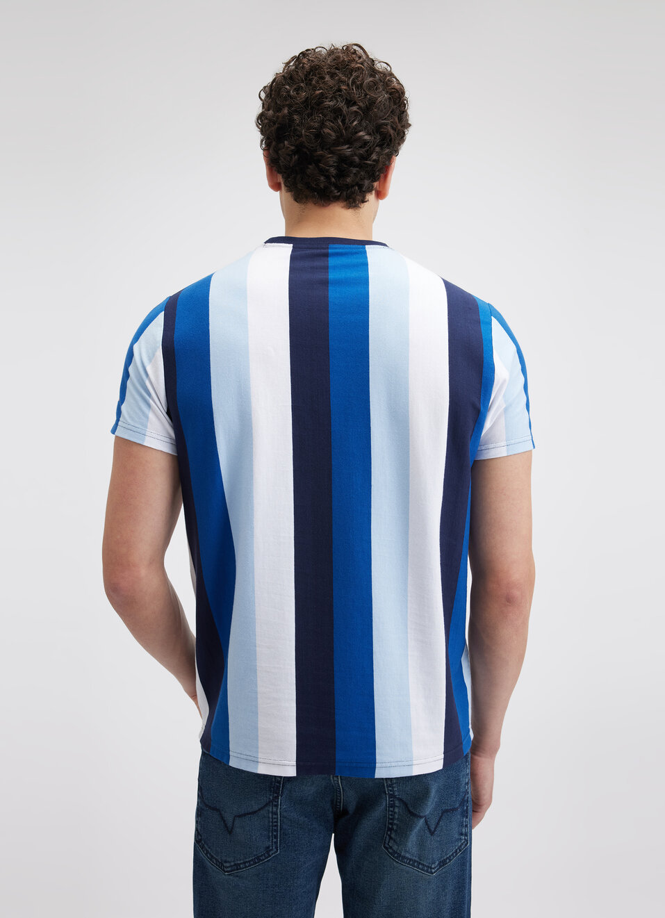 Men Navy Stripe Short Sleeve T-shirt, , large image number 2